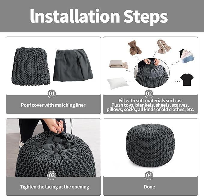 HOMBYS Unstuffed Ottoman Pouf Cover, 100% Cotton Handmade Knitted Ottoman Pouf Cover Round Foot Stool, Floor Bean Bag Chair, Foot Rest with Storage for Living Room Bedroom, Grey(Cover ONLY NO Filler)