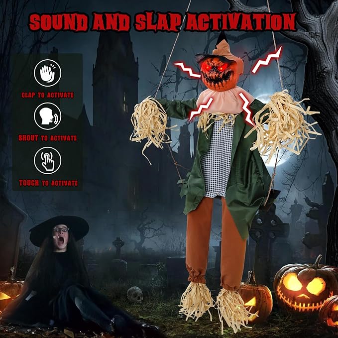 Scary Halloween Decorations - Outdoor Hanging Swinging Pumpkin with Sound & Slap Activated, Light Up Eyes Creepy Sound Expressions, Large Scary Decor Props for Indoor & Outdoor