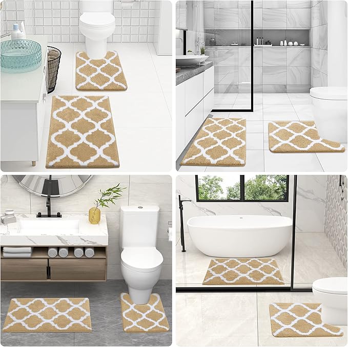 OLANLY U-Shaped Bathroom Rug 24x20, Soft Absorbent Microfiber, Non-Slip Plush Shaggy Mat, Machine Washable Contour Bath Rugs for Toilet Base, Beige