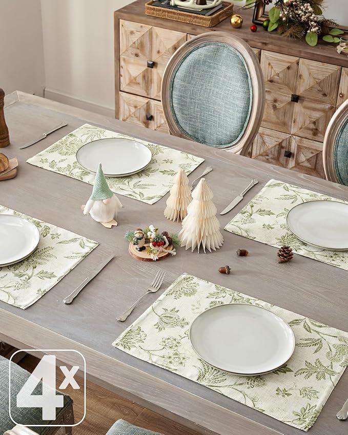 JINCHAN Linen Floral Fall Placemats Set of 4 Cloth Table Mats Rustic Cottagecore Jacobean Outdoor Seasonal for Kitchen Dining Table Decor Non-Slip Washable Tablemats 13x19 Inch Green