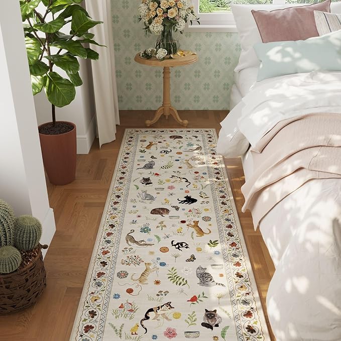 Runner Rug for Kitchen Non Slip 2'6''x8' Washable Rugs with Rubber Backing Soft Floral Animal Cat Carpet Runner for Kitchen Laundry Bedroom Bathroom, Beige
