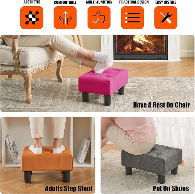 BRIAN & DANY Small Foot Stool, Velvet Foot Stools with Legs, Stable Small Footstool for Living Room, Rose Red