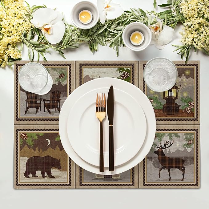 Giwawa Vintage Bear Deer Placemats Rustic Wildlife Moose Forest Animal Cabin Lodge Lake Pine Cone Heat-Resistant Linen Table Place Mats Set of 4 for Dining Kitchen Country Camp Style Farmhouse Decor