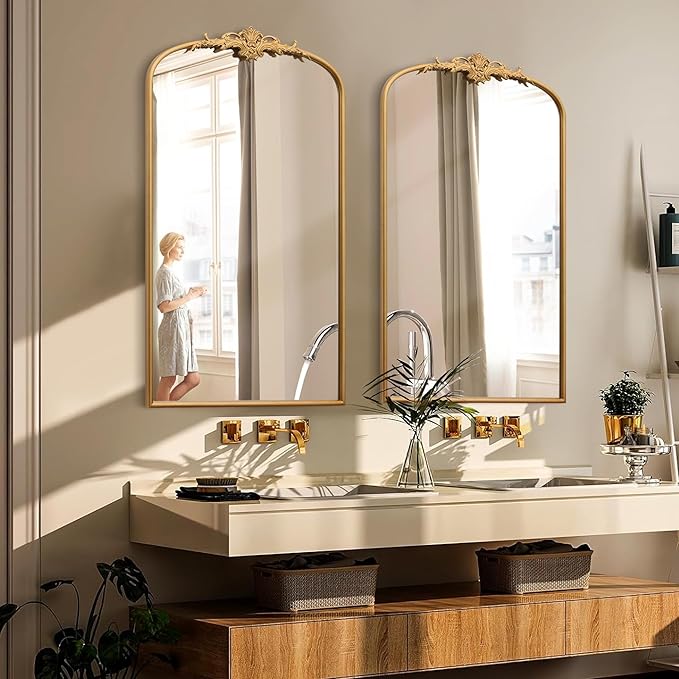 Antique Baroque Arched Mirror: 24"x42" Gold Vintage Wall Mounted Mirror - Traditional Ornate Metal Frame - Ideal for Entryway/Living Room/Hallway/Bathroom
