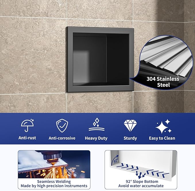 Shower Niche, 304 Stainless Steel Wall Niche Shower Stool for Bathroom, Recessed Shower Footrest w/Over Mount Installation, No Tile Needed (Matte Black, 4.8''x6'')