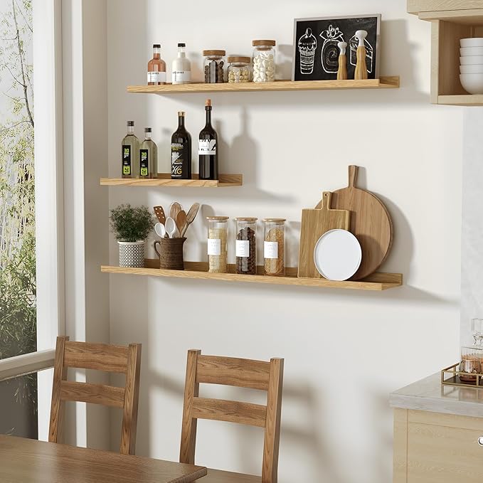 Oak Picture Ledge Shelf,Floating Wall Mounted Shelves, Black Shelves for Wall Decor, Modern Picture Ledge Shelf with Lip for Storage, Bedroom, Living Room, Bathroom,Nursery Display