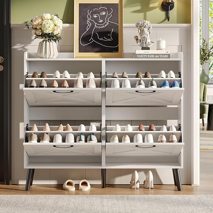 Maupvit Large Shoe Storage Cabinet with 4 Flip Drawers, Narrow Shoe Cabinet for Entryway with Wooden Legs, Freestanding Hidden Shoe Rack Organizer & Metal Hinges, White