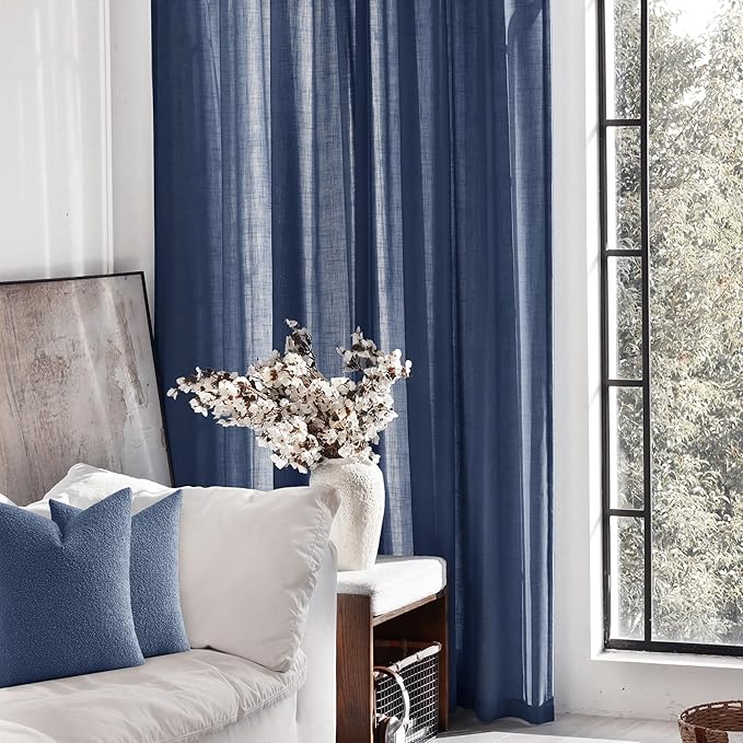 Navy Blue Curtains 108 inch Length for Bedroom Back Tab Light Filtering Semi Sheer Blue Living Room Curtains Linen Cotton Textured Indigo Blue Drapery Panel Modern Farmhouse Aesthetic Decor Dark Blue