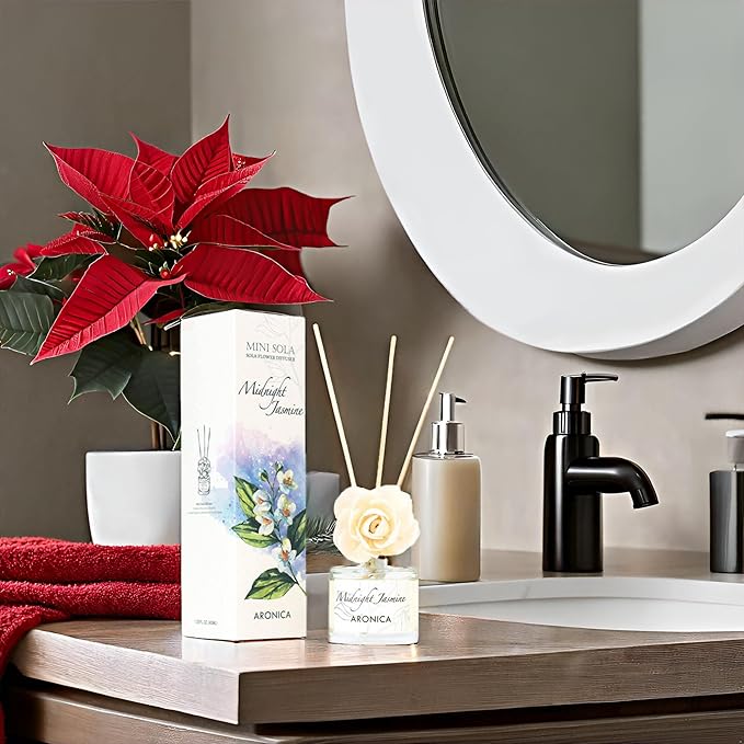 Aronica Jasmine Gold and White Bathroom Decor for Small Home, Flower Reed Diffuser for Bathroom, Inciensos Aromaticos para La Casa, Air Freshener Oil Sticks with Holder
