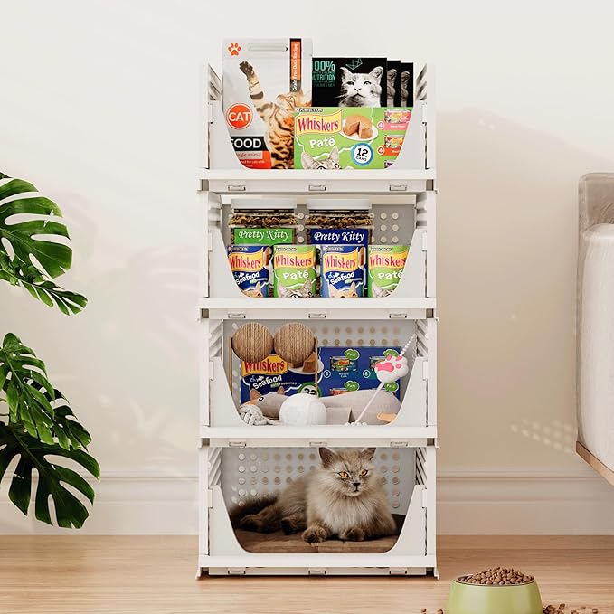 Pinkpum Stackable Plastic Storage Basket, Foldable Closet Organizers and Storage Bins 4 Pack Drawer Shelf Storage Container for Wardrobe Kitchen Bathroom Office Dorm Off White