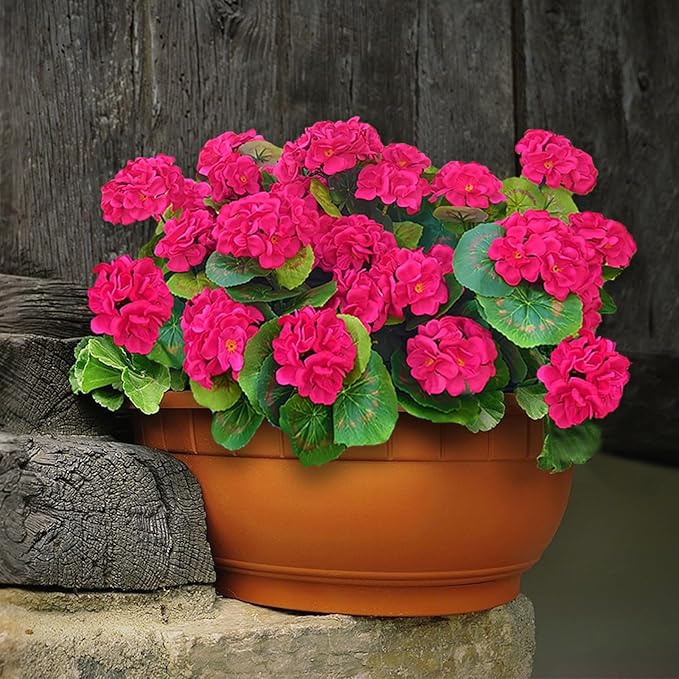 Fake Outdoor Flowers, 4 Pcs Artificial Flowers For Outdoors, Rose Red Artificial Geraniums Plastic Flowers, Fake Plant For Outside, Silk Faux Flowers For Outdoor Planters UV Resistant For Front Porch