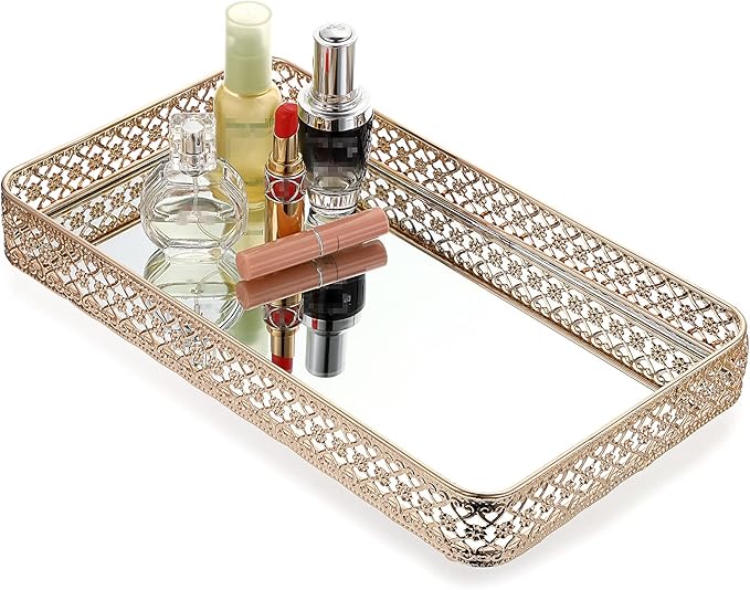 ELLDOO Gold Perfume & Makeup Vanity Tray - Hollow-Carved Jewelry Storage, Glass & Metal Trinket Organizer for Dresser & Bathroom Countertop, Large Size