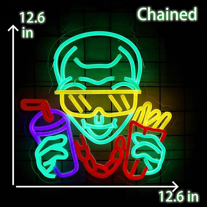 Cool Alien Neon Sign French Fries Neon Light Glasses Alien LED Neon Sign for Movie Room Decor LED Light Up Sign for Cinema Decor Man Cave Wall Art 12.6 * 12.6IN