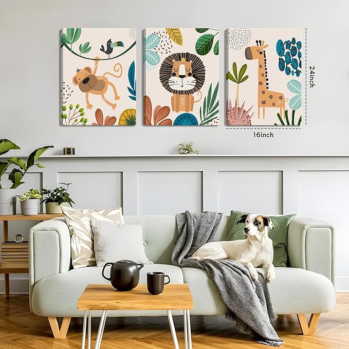 AKWISH Nursery Wall Decor Set of 3, Safari Canvas Wall Art Animals Paintings Prints, Boy Girl Kids Room Wall Decor for Shower Theme Decorations Baby Children's Room Bedroom 16x24 inch Framed