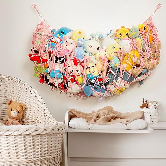 Large Stuffed Animal Storage Net or Hammock Wall Mounted Macrame Stuffed Animal Display For Nursery Hanging Organizers Pink