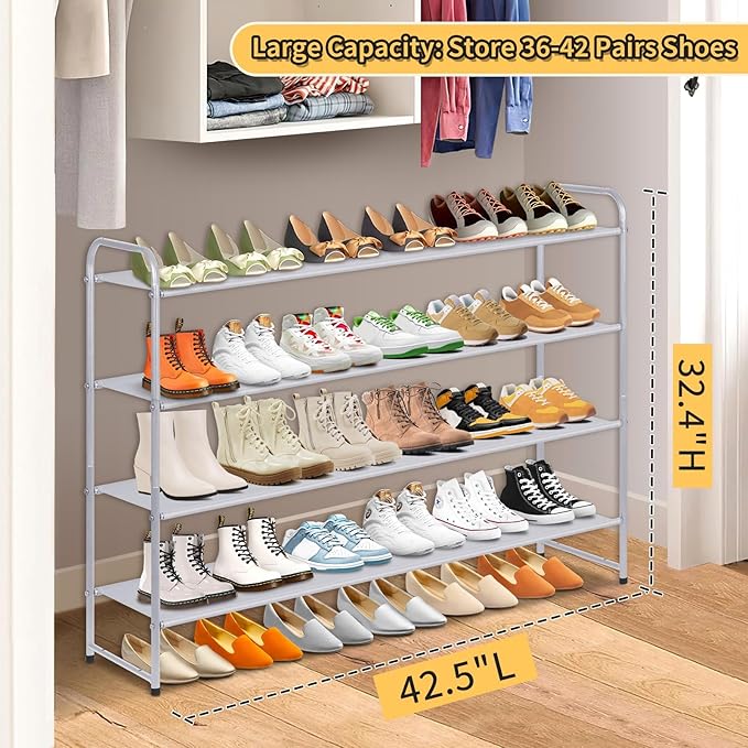 SLEEPING LAMB 4-Tier Long Shoe Rack Organizer for Closet, Stackable Wide Shoe Shelf Holds 30-Pairs Low Shoe Storage for Bedroom, Floor, Entryway (Grey)