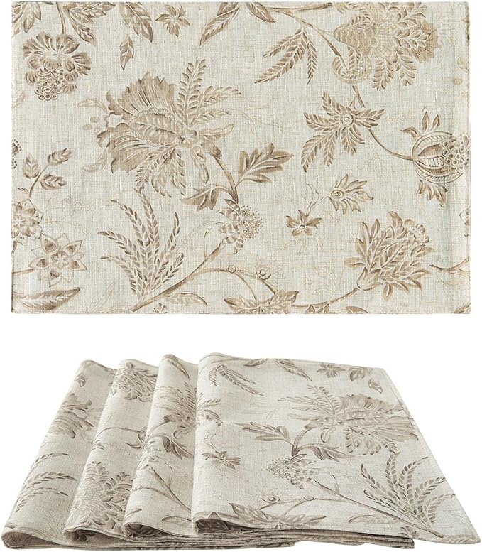 JINCHAN Linen Floral Fall Placemats Set of 4 Cloth Table Mats Rustic Cottagecore Jacobean Outdoor Seasonal for Kitchen Dining Table Decor Non-Slip Washable Tablemats 13x19 Inch Taupe