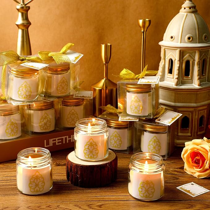 Hoolerry 12 Pcs Ramadan Mubarak Scented Soy Candles Lavender Eid Candles Mini Muslim Islamic Candles Gift Bulk Thank You Gift Glass Jar Candle for Islamic Eid Festival Wedding Birthday Party Favor