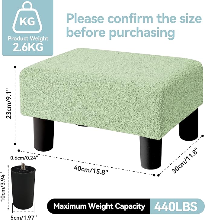 BRIAN & DANY Small Foot Stool Ottoman, Footstool with Legs, Teddy Velvet Foot Rest for Living Room, Bedroom and Office, Green
