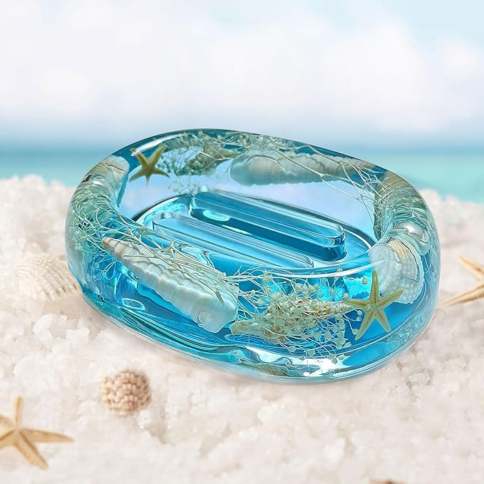 FONMY Soap Dish Acrylic w/Nature Seashell Bar Soap Holder Shower Soap Tray for Home, Camping Travel, Dry Stop soap Saver for Bathroom Vanity Countertop Office Unique Gifts and Home Decoration (Blue)
