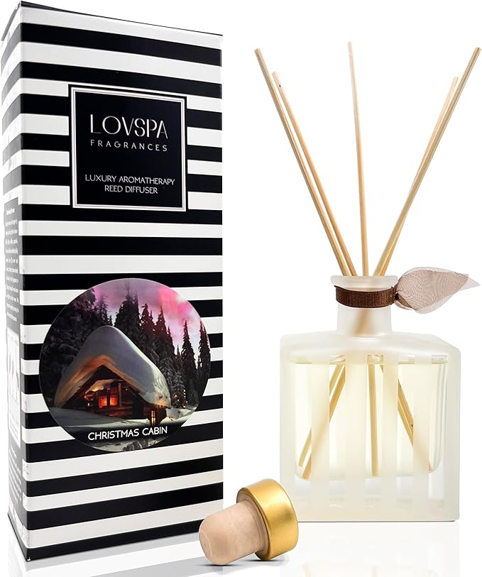 LOVSPA Christmas Cabin Essential Oil Reed Diffuser Gift Set | A Blend of White Birch Bark and Smoked Vanilla Bean | A Woodsy Holiday Favorite | Modern Striped Glass Bottle | Made in The USA