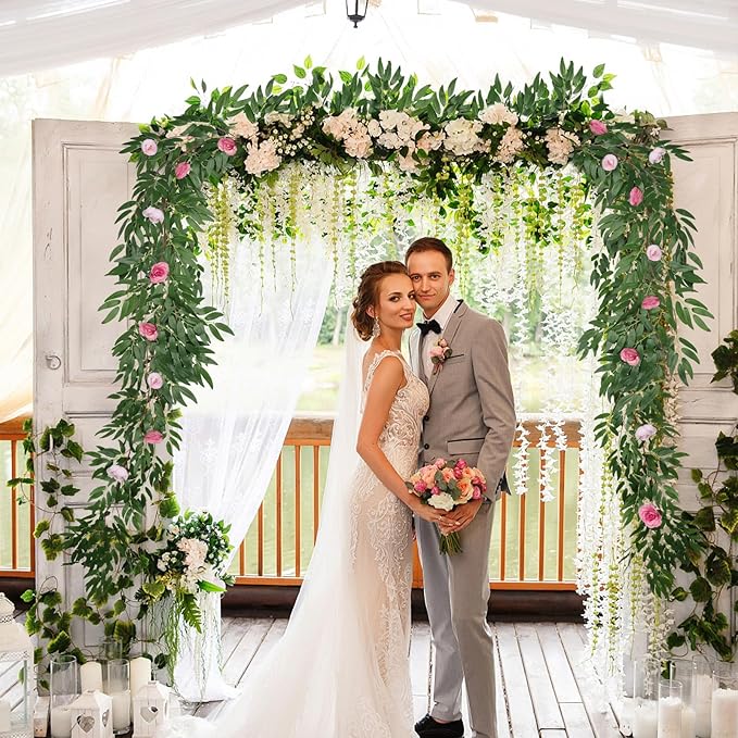 RECUTMS Artificial Hanging Willow Leaves Vine Twigs Whit Roses Flower 2Pc 5.7Ft Faux Ivy Plant Silk Green Leaf Rose Floral Garland Greenery Indoor Outdoor Wedding Jungle Birthday Party Garden Decor