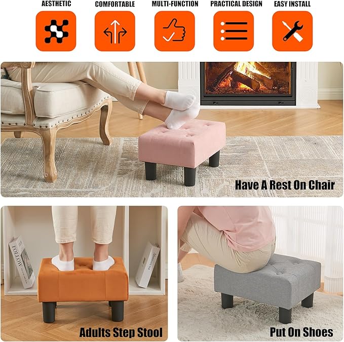 BRIAN & DANY Small Foot Stool, Linen Foot Stools with Legs, Stable Small Footstool for Living Room, Light Gray