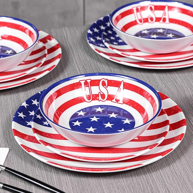Melamine Dinnerware Sets 12 Pcs Independence Day American Flag Melamine Dinner Plates, Dishes & Bowls Set for 4th July