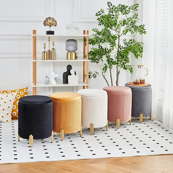 Mxfurhawa Round Ottoman Foot Stool with Storage and Metal Legs for Living Room Bedroom, Velvet Upholstered Footrest Stool Support 300lbs Modern Padded Seat Ottoman Coffee Table (Dusty Rose)