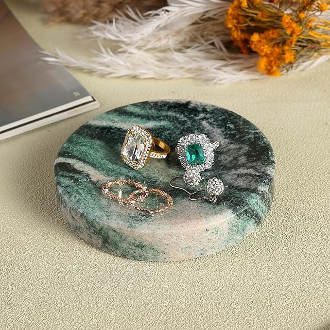 Koville Luxury Stone Jewelry Dish, Small Round Trinket Tray for Ring Necklace Earring, 4" Decorative Dish, Aesthetic Home Table Decor, Natural Stone Soap Dish for Bathroom Kitchen(Green)