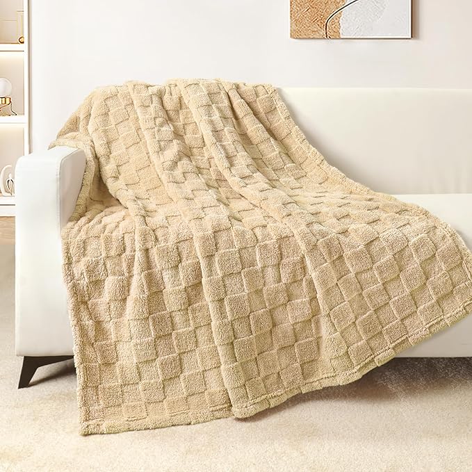 Exclusivo Mezcla Fleece Throw Blanket for Couch,Super Soft and Warm Lightweight Checkered Pattern Blankets for All Seasons,50x60 Inches, Beige