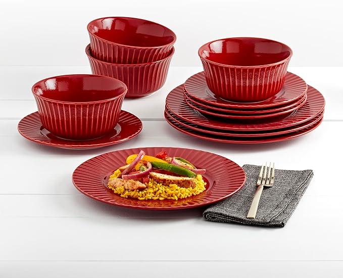 Tabletops Gallery Richmond 12-Piece Reactive Glaze Stoneware Dinnerware Set of Kitchen Dishes, Dinner Plates, Cereal Bowls, Service for 4, Red