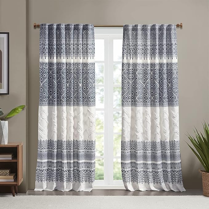 INK+IVY Mila 100% Cotton Single Panel Curtain Tufted Chenile Boho Design Rod Pocket Top Drape for Living Room, Privacy Window Treatment for Bedroom, 50" x 84", Navy/White