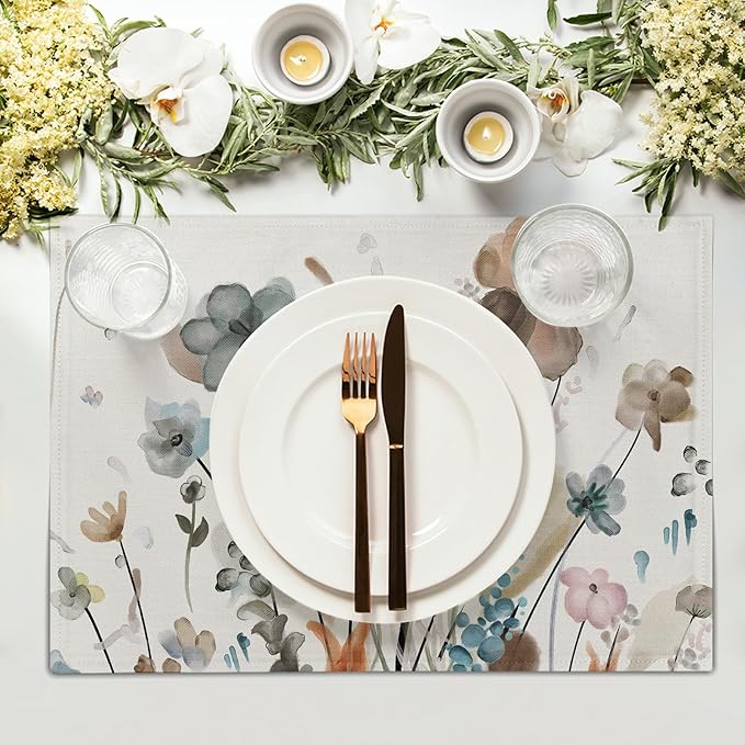 Brown Cream Grey Teal Floral Placemats Set of 6 Watercolor Flowers Place Mats Washable Dining Rustic Abstract Floral Farmhouse Linen Table Mats Stain Heat-Resistant Cloth Table Mat Decor 12x18 in