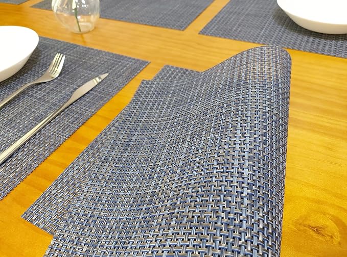 Zupro Placemats Set of 6 Washable Heat-Resistant Non-Slip Braided Table Mats Woven PVC Vinyl Kitchen Place Mats for Everyday use or Dinner Parties BBQs Indoor and Ourdoor Use.18"x12"(Dark Blue Gold)
