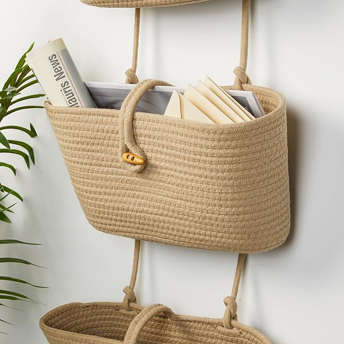 DULLEMELO Hanging Baskets for Organizing, Jute 3-Tier Woven Hanging Wall Baskets for Storage, Decorative Hanging Storage Basket with Button Strap,Over The Door Basket with Door Hooks