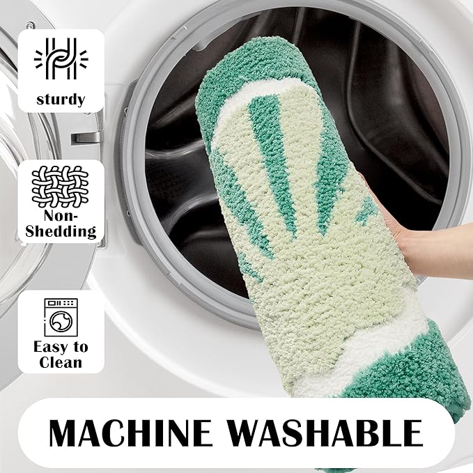 Green Beach Long Bathroom Rugs Non Slip Washable Cute Coastal Bath Mats Rugs for Bathroom Floor Nautical Fluffy Plush Soft Absorbent Farmhouse Carpet for Shower, Tub, 24x60 inch