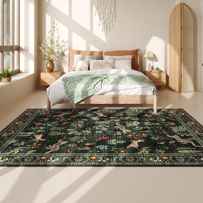 Living Room Rug 6x9 Rug Machine Washable Boho Area Rug Non Slip Floral Animal Vintage Low Pile Large Rug for Living Room, Bedroom, Farmhouse, Dining Room, Kids Playroom (Green)