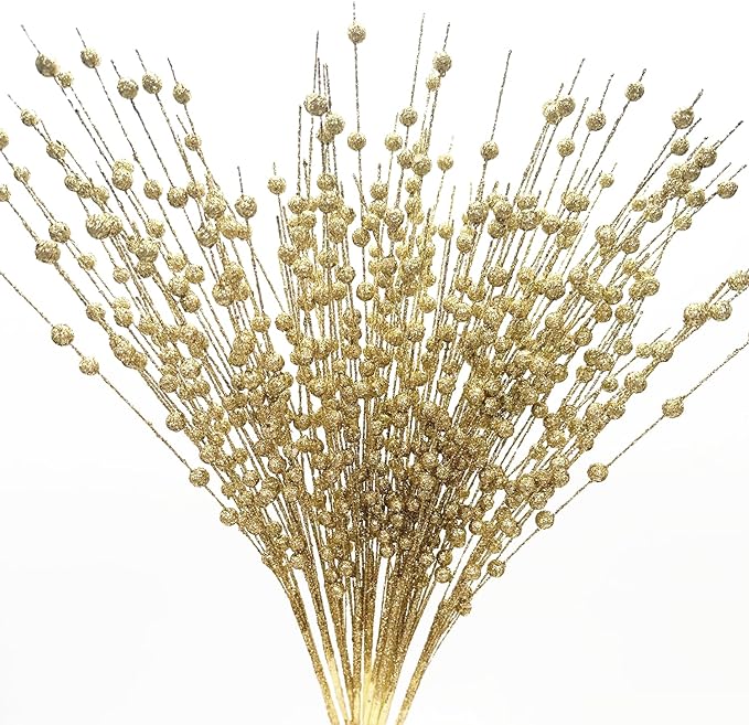 Artificial Glitter Berry Stem Ornaments, Gold Bright Berries Decorative Bead Sticks, Picks Branches Glittery Twigs for Home Christmas Tree Vase Holiday Wedding Party Decor - 17 Inch Golden 10 Pack