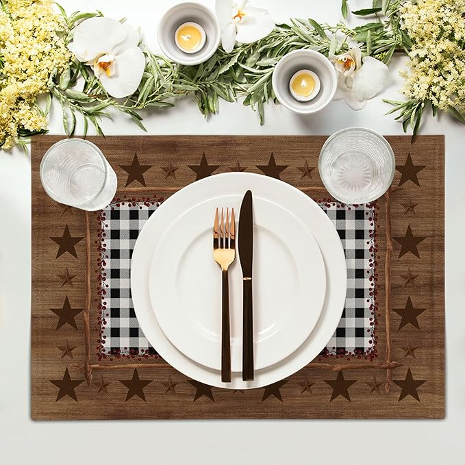 Western Texas Star Placemats for Dining Table Set of 4,Buffalo Plaid Country Wooden Plank Table Mats 18 x12 Inch Non-Slip Dining Table Place Mats for Party Kitchen Indoor Decor