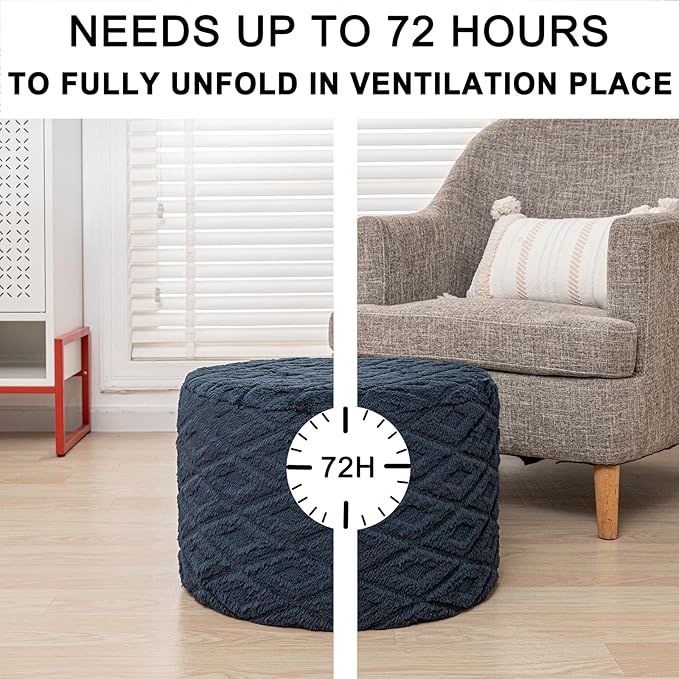 Fluffy Round Ottoman Pouf with All-in-One Foam Filling 20" x 14" Furry Ottoman Foot Rest Foot Stool for Living Room or Bedroom (Navy Blue)