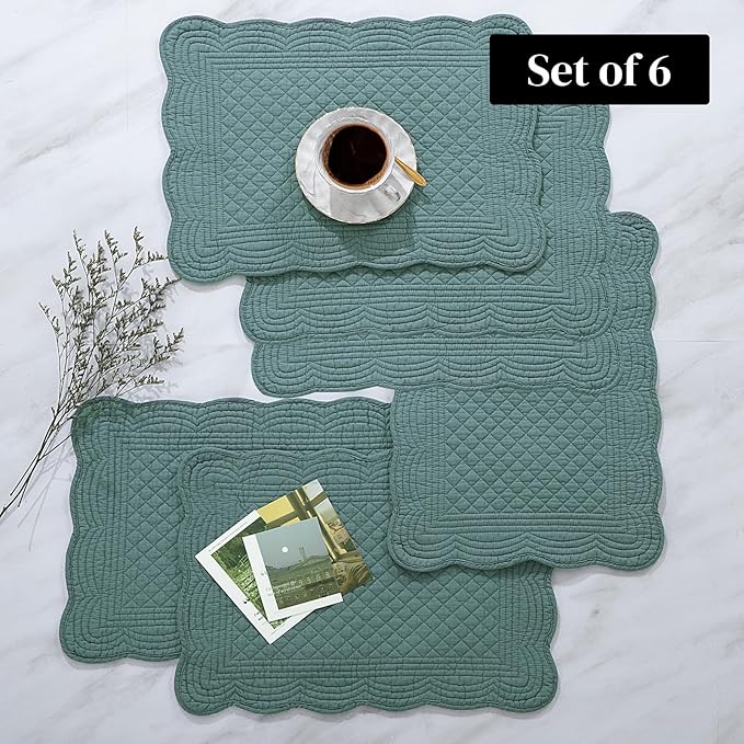 HOMBYS Quilted Placemats Set of 6 Washable-13x18 inches Rectangular Placemats for Kitchen Table-100% Cotton Fabric Rectangular Table Mats, (Dark Green)