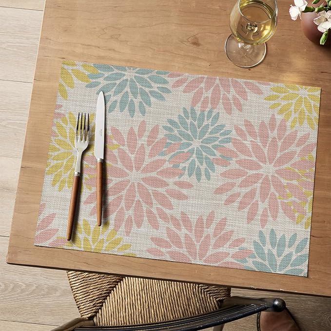 Artoid Mode Floral Vinyl Placemats Set of 4, 12x18 Inch Heat Resistant Washable Non-Slip Plistic PVC Place Mats for Party Kitchen Dining Decor, Pink Blue