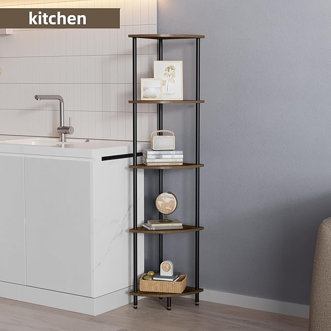 5 Tier Corner Shelf, Bookcase for Small Spaces, Corner Display Shelf, Plant Stand, Rustic Brown and Black,Suitable for Bedroom,Living Room,Kitchen
