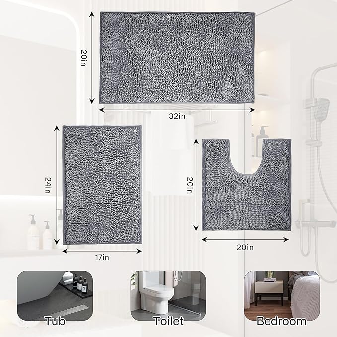 Bathroom Rugs Sets 3 Piece Washable, Luxury ,Chenille Bath Mat Set, Soft Plush Anti-Slip Rectangular Bath, Rug Super Absorbent.3 Pieces Bathroom (Dark Gray, 32"x20"+24"x16"+U Shape 20"x20")