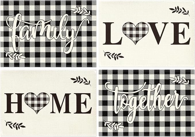 Artoid Mode Love Family Together Home Buffalo Plaid Placemats for Dining Table, 12 x 18 Inch Holiday Vintage Thanksgiving Washable Table Mat Set of 4