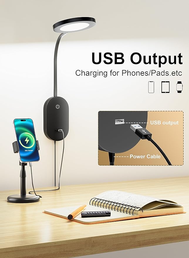 deeloop LED Wall Mounted Reading Light for Bed, Book Light for Wall Bedside Lamp with USB Output, 4 Hour Auto-Off Timer Lights,Eye-Caring Reading Lamp with 5 Dimmable 360° Gooseneck Headboard Light