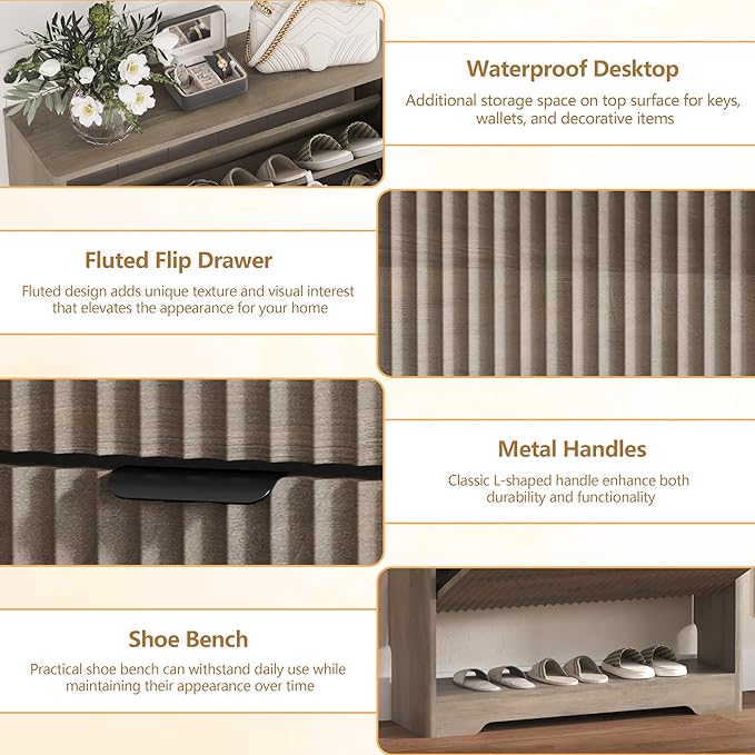 Shoe Cabinet Storage for Entryway with 2 Flip Drawers, Grey Fluted Shoe Cabinet with Open Storage, Wooden Hidden Shoe Rack Freestanding Narrow Slim Shoes Organizer for Hallway, Entrance