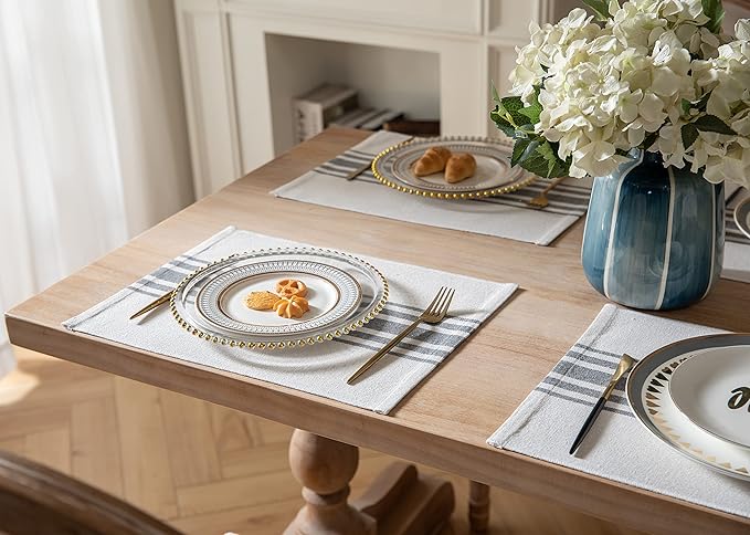 Placemats Set of 6 for Dining Table, Woven Cloth Place Mats for Kitchen Tabletop Décor, Handcrafted Machine Washable Cotton Table mats 13 x 19 Inch, Grey and Beige