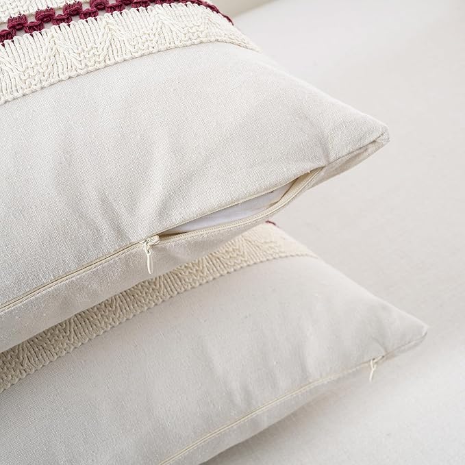 Fancy Homi Set of 2 Burgundy Boho Long Lumbar Decorative Throw Pillow Cover 12x20 Inch for Couch Bed Sofa, Aesthetic Modern Farmhouse Christmas Room Decor, Soft Cotton Cute Wind Red Cushion Case